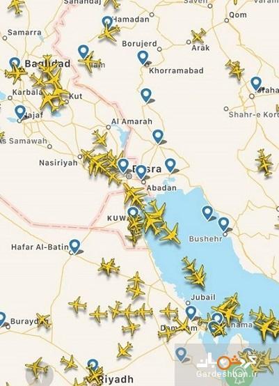 کدام شرکت های هواپیمایی پرواز بر فراز تنگه هرمز را متوقف نموده اند؟، نقشه تغییر راستا پروازی حاشیه نشین های خلیج فارس را ببینید